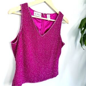 Vintage Beaded Hot Fuschia Cropped Tank, Barbie, 90s Y2K Silk Disco Cowgirl